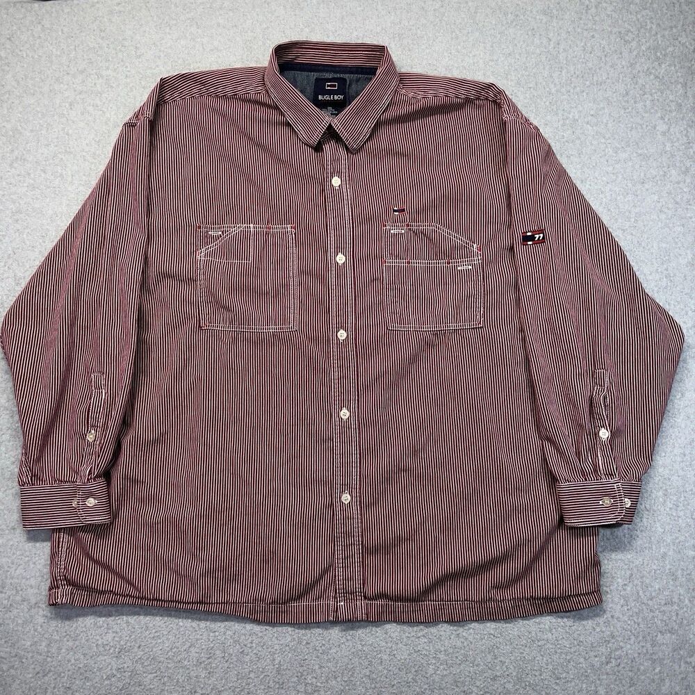 VTG Bugle Boy 77 Button Up Shirt Men 3XL Red White Pockets Striped Logo Y2K
